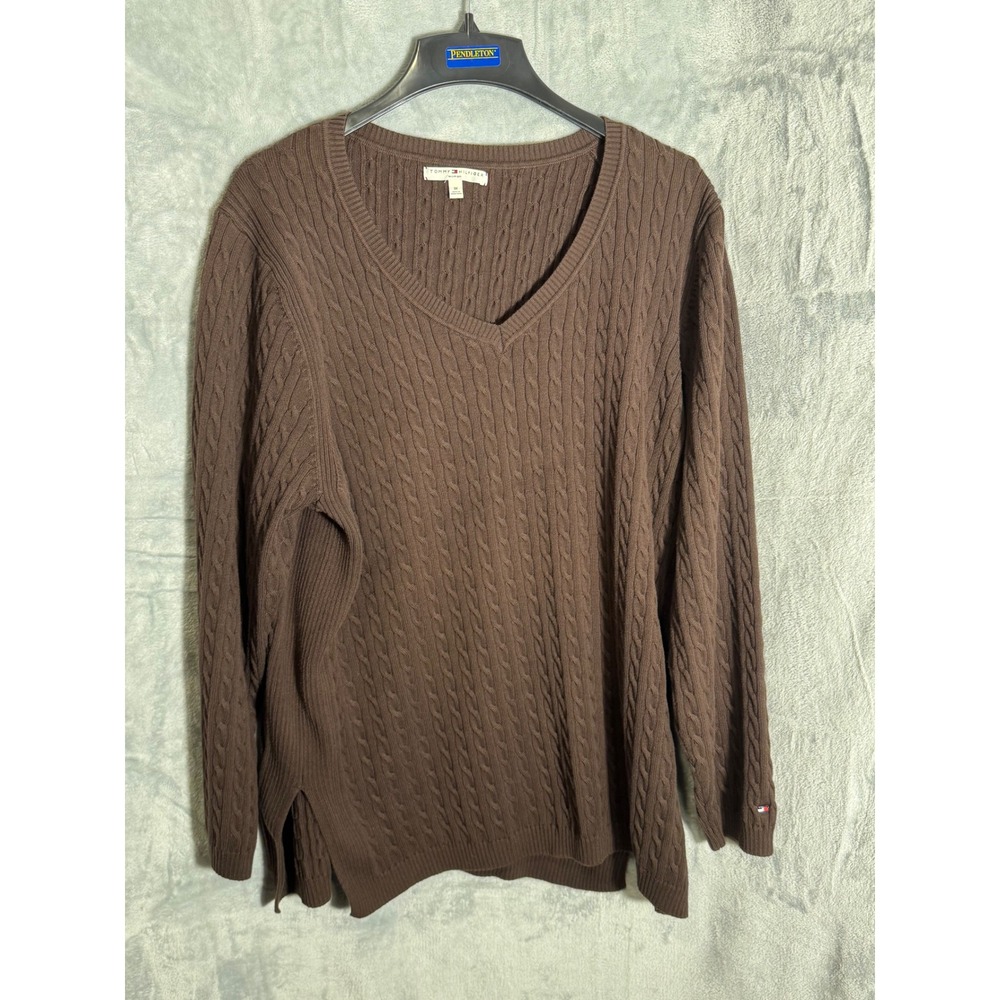 Tommy Hilfiger Woman 3X Brown Cable Knit V-Neck Sweater Cotton Blend Pullover